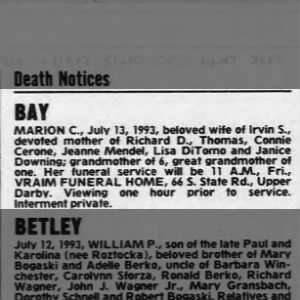 Obituary for MARION C BAY