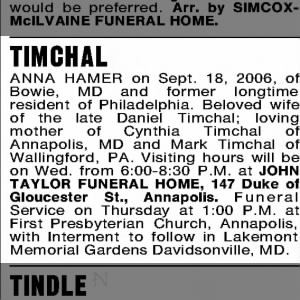 Obituary for TIMCHAL ANNA HAMER